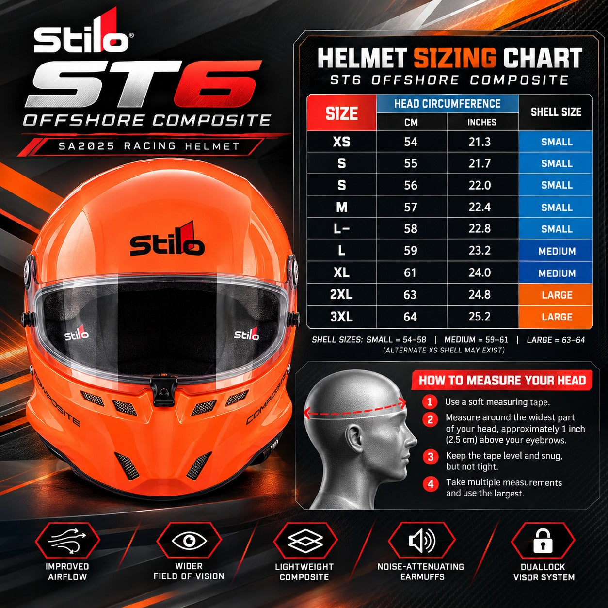 Stilo ST6 Offshore Composite SA2025 orange racing helmet sizing chart showing sizes XS through 3XL, head circumference in centimeters and inches, shell sizes, and proper head measuring instructions, with airflow, visibility, and visor features.
