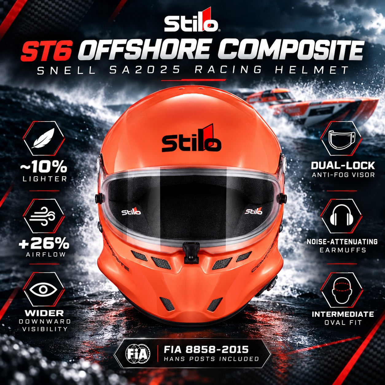 Stilo ST6 Offshore Composite SA2025 racing helmet in bright orange, featuring offshore powerboat racing background, lightweight composite shell, improved airflow, wider downward visibility, dual-lock anti-fog visor, noise-attenuating earmuffs, and HANS anchors.