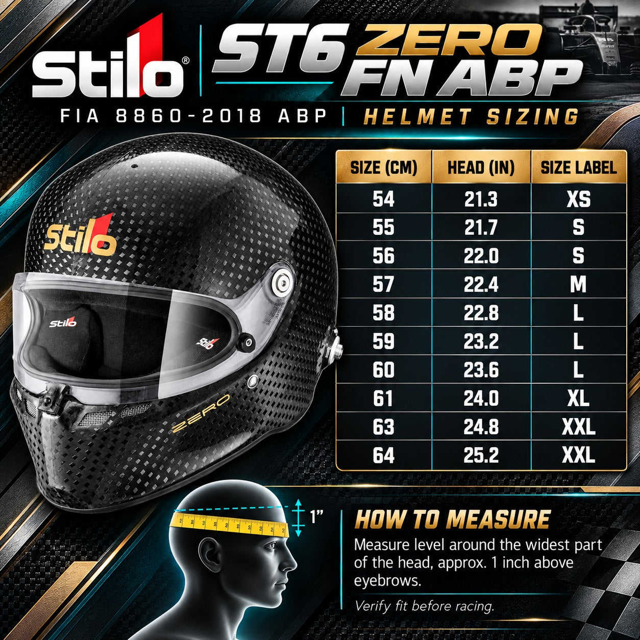 Stilo ST6 ZERO FN ABP FIA 8860-2018 Carbon Fiber Racing Helmet Size Chart with Head Circumference in Centimeters and Inches, Helmet Sizes 54–64, and Measuring Instructions.