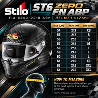 Thumbnail for Stilo ST6 ZERO FN ABP FIA 8860-2018 Carbon Fiber Racing Helmet Size Chart with Head Circumference in Centimeters and Inches, Helmet Sizes 54–64, and Measuring Instructions.