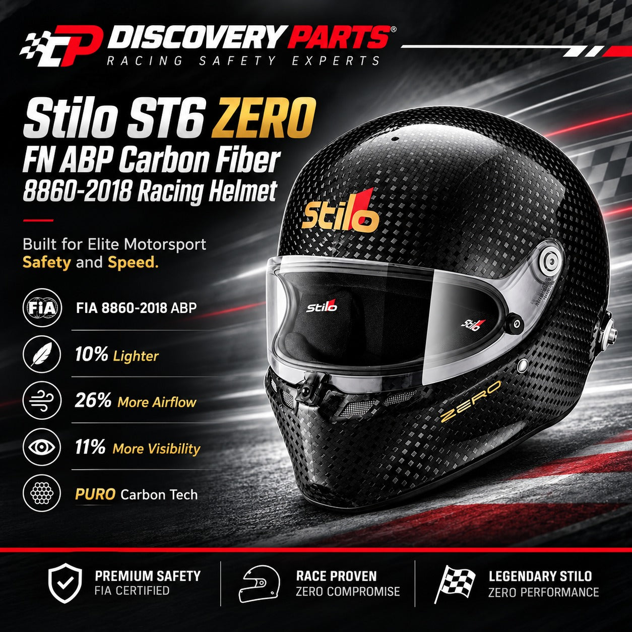 Stilo ST6 ZERO FN ABP Carbon Fiber Racing Helmet FIA 8860-2018 featuring ultra-lightweight PURO carbon construction, 26% improved airflow, 11% increased visibility, and advanced ABP impact protection. Discovery Parts racing helmet hero image.