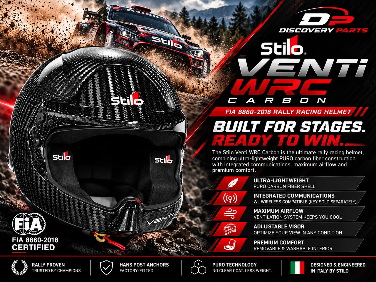 Stilo Venti WRC Carbon FIA 8860-2018 rally racing helmet featuring lightweight carbon fiber construction, integrated communications, and Discovery Parts branding with a rally racing background.