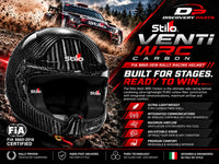 Thumbnail for Stilo Venti WRC Carbon FIA 8860-2018 rally racing helmet featuring lightweight carbon fiber construction, integrated communications, and Discovery Parts branding with a rally racing background.