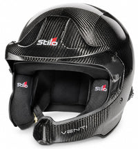 Thumbnail for Stilo Venti WRC Carbon Fiber Racing Helmet shown from a left three-quarter angle with carbon shell, rally peak, integrated padding and HANS posts