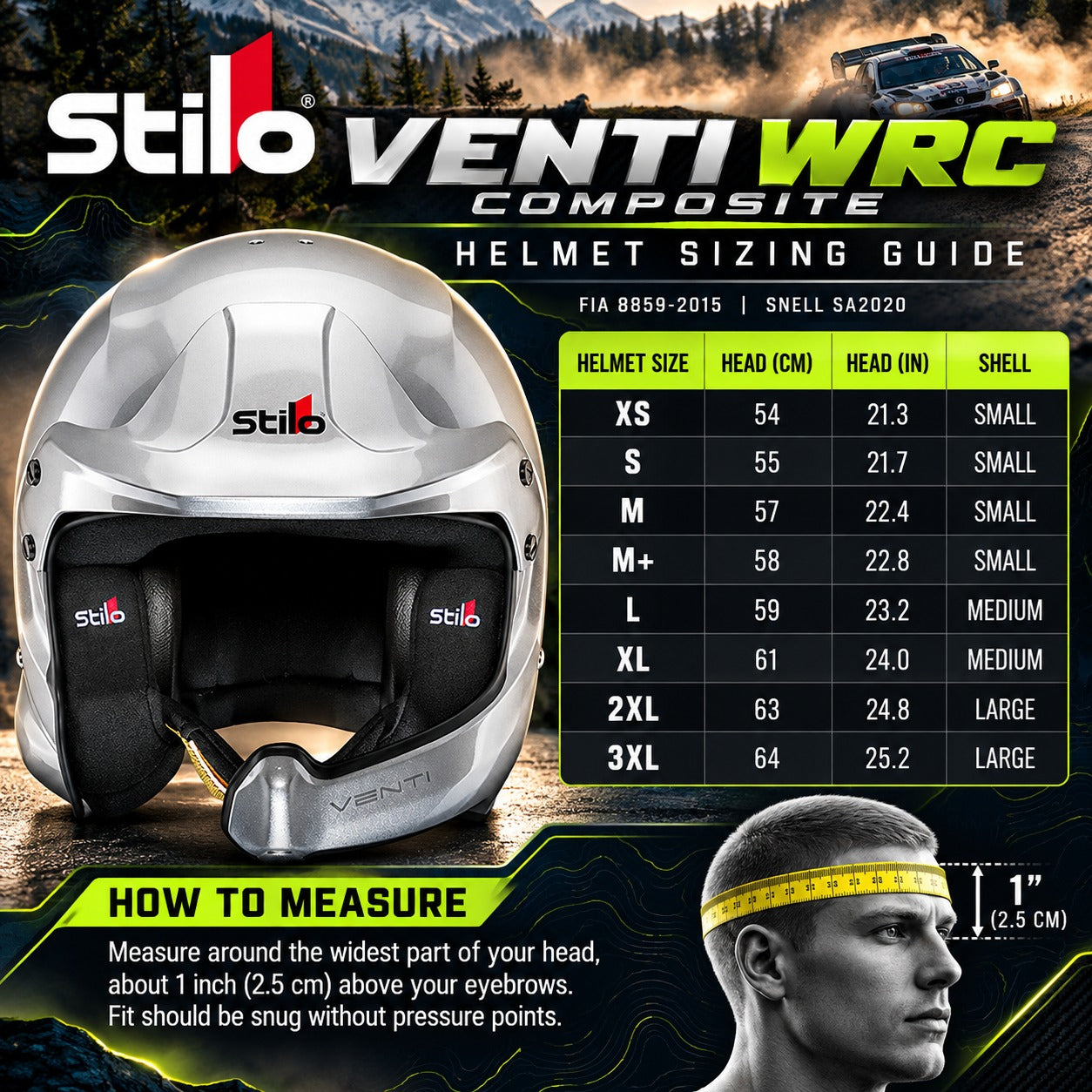 Stilo Venti WRC Composite rally helmet sizing chart showing sizes XS through 3XL, head circumference in centimeters and inches, small, medium and large shell sizes, and head measuring instructions.