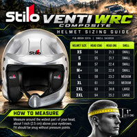Thumbnail for Stilo Venti WRC Composite rally helmet sizing chart showing sizes XS through 3XL, head circumference in centimeters and inches, small, medium and large shell sizes, and head measuring instructions.