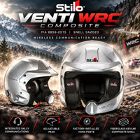 Thumbnail for Stilo Venti WRC Composite rally helmet hero image featuring front and side views, FIA 8859-2015 and Snell SA2020 certifications, integrated rally communications, adjustable peak, factory-installed HANS posts, and fiberglass-Kevlar composite shell.