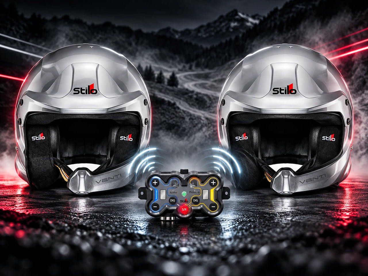 Stilo Venti WRC Composite rally helmets featuring wireless driver-to-co-driver communication, integrated speakers, noise-canceling microphones, and a Stilo wireless intercom amplifier against a dramatic rally racing background.