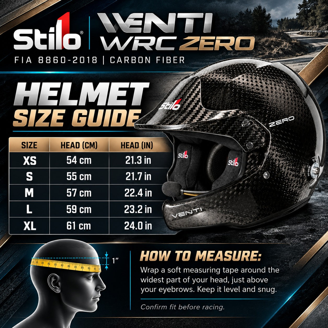 Stilo Venti WRC ZERO FIA 8860-2018 Carbon Fiber Racing Helmet Sizing Chart Featuring XS to XL Sizes, Head Circumference in Centimeters and Inches, and Head Measuring Instruction