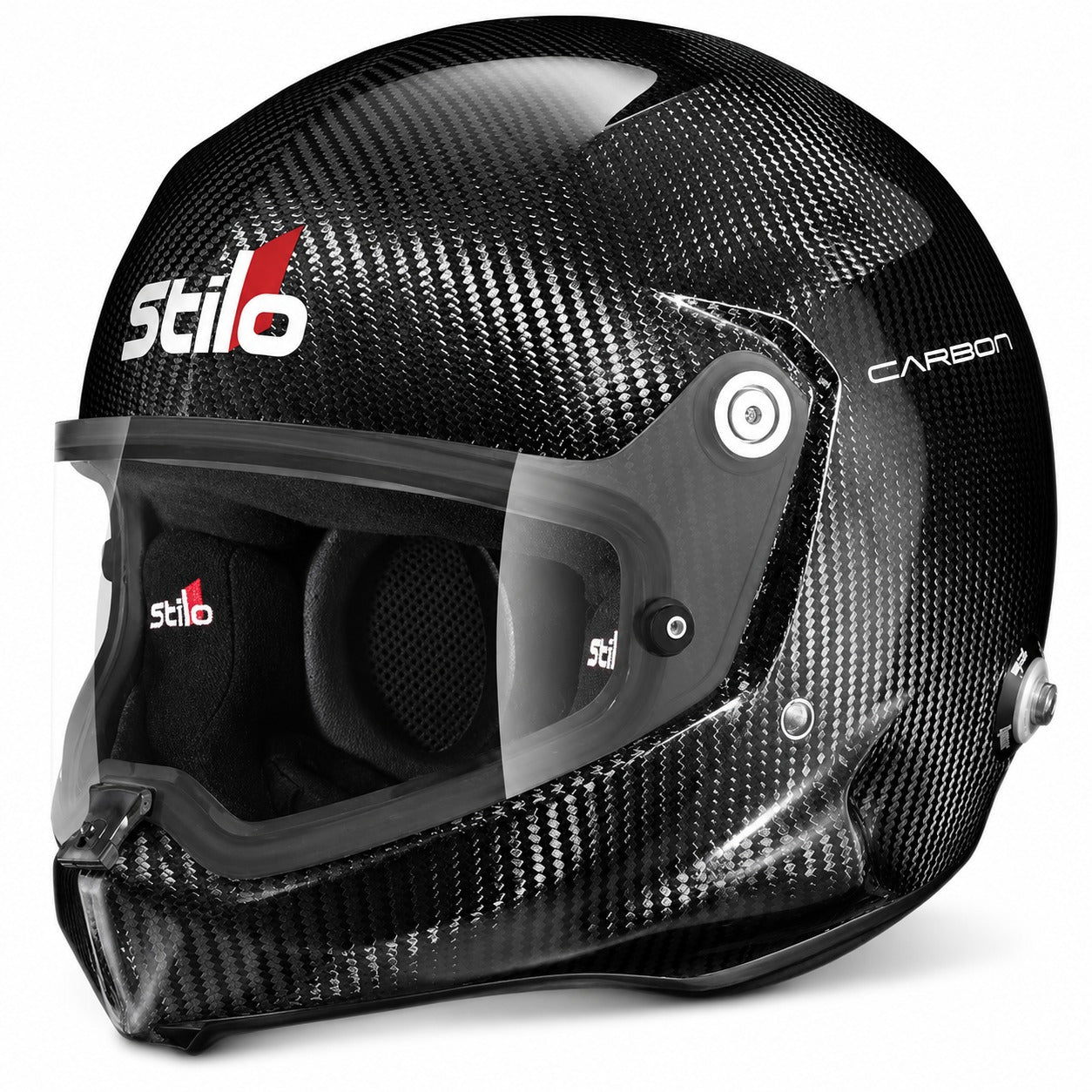 Stilo VENTI WRX Dirt Carbon racing helmet with carbon fiber shell, clear sealed visor, integrated communications and HANS posts