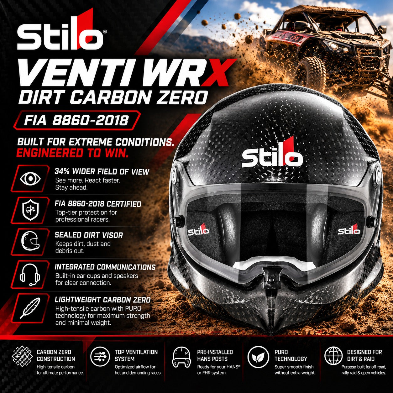 Stilo Venti WRX Dirt Carbon ZERO FIA 8860-2018 Racing Helmet featuring lightweight carbon fiber construction, wide field of view, sealed dirt visor, integrated communications, PURO carbon technology, and HANS posts. Off-road racing hero image.