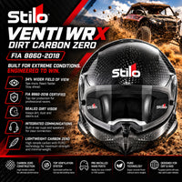 Thumbnail for Stilo Venti WRX Dirt Carbon ZERO FIA 8860-2018 Racing Helmet featuring lightweight carbon fiber construction, wide field of view, sealed dirt visor, integrated communications, PURO carbon technology, and HANS posts. Off-road racing hero image.