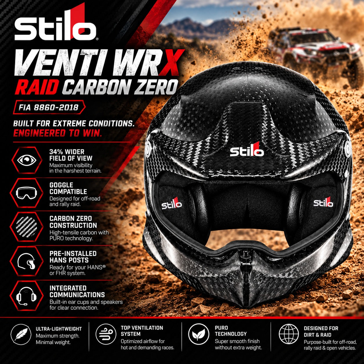 Stilo Venti WRX Raid Carbon Zero FIA 8860-2018 racing helmet featuring lightweight carbon fiber construction, wide field of view, goggle-compatible design, pre-installed HANS posts, and off-road rally racing features.