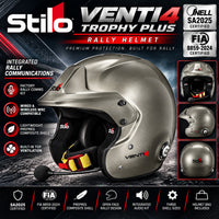 Thumbnail for Stilo Venti4 Trophy Plus Titanium rally helmet hero image featuring Snell SA2025 and FIA 8859-2024 certifications, metallic titanium prepreg composite shell, integrated rally communications, wired and wireless WRC compatibility, built-in ventilation, adjustable peak, and open-face design.