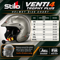 Thumbnail for Stilo Venti4 Trophy Plus Titanium SA2025 rally helmet sizing chart featuring the metallic titanium open-face helmet, sizes XS through XXXL, head circumference measurements from 54 to 64 cm with inch conversions, head measuring instructions, and FIA 8859-2024 certification.