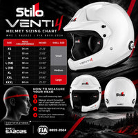 Thumbnail for Stilo Venti4 WRC Composite White rally helmet sizing chart showing helmet sizes XS to XXXL, head circumference in centimeters and inches, shell sizes, measuring instructions, and Snell SA2025 and FIA 8859-2024 certification