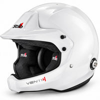 Thumbnail for Stilo Venti4 WRC Composite White Rally Helmet shown in three-quarter front view, featuring a gloss white composite shell, adjustable peak, black interior padding, and HANS anchors. Snell SA2025 and FIA 8859-2024 certified.