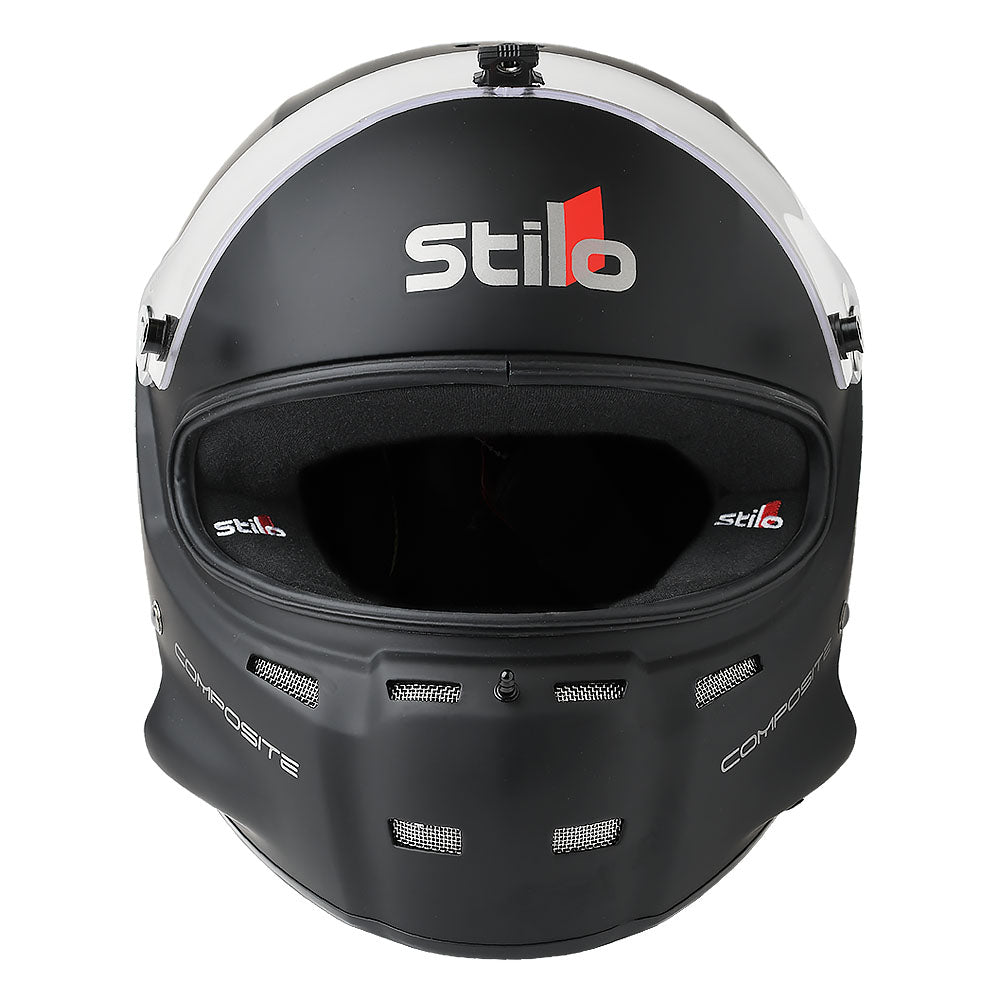 Two Stilo racing helmets, one in black and one in white, with clear visors and the Stilo logo on the front.