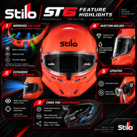 Thumbnail for Stilo ST6 Feature Highlights infographic showing an orange full-face motorcycle helmet from multiple angles with callouts for improved air flow, injection-molded visor, expanded field of vision, updated pivot hardware, and cheek pad maintenance.