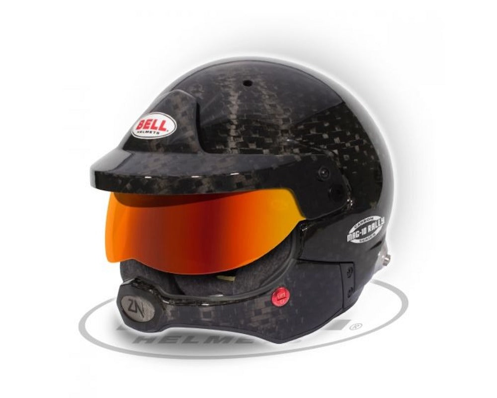 Close-up of the Bell Mag-10 Rally Carbon Fiber Helmet SA2020, highlighting its sleek design and features optimized for rally racing.