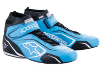 Thumbnail for A pair of Alpinestars Tech-1 T v3 racing shoes, featuring blue and black colors with suede and leather construction, a lace-up closure, and a rubber sole.