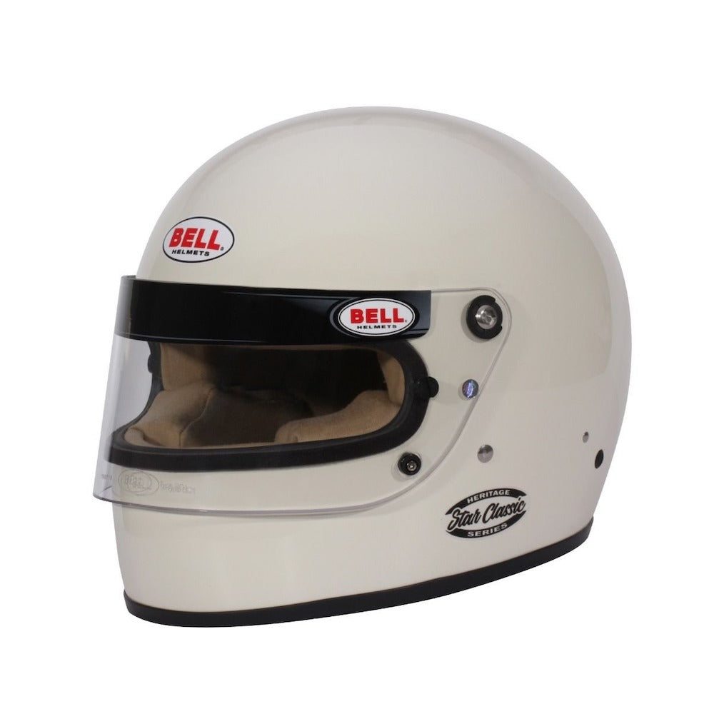 Experience retro style and modern safety with the Bell Racing Star Classic Vintage Helmet in Heritage White, perfect for motorsports aficionados Image