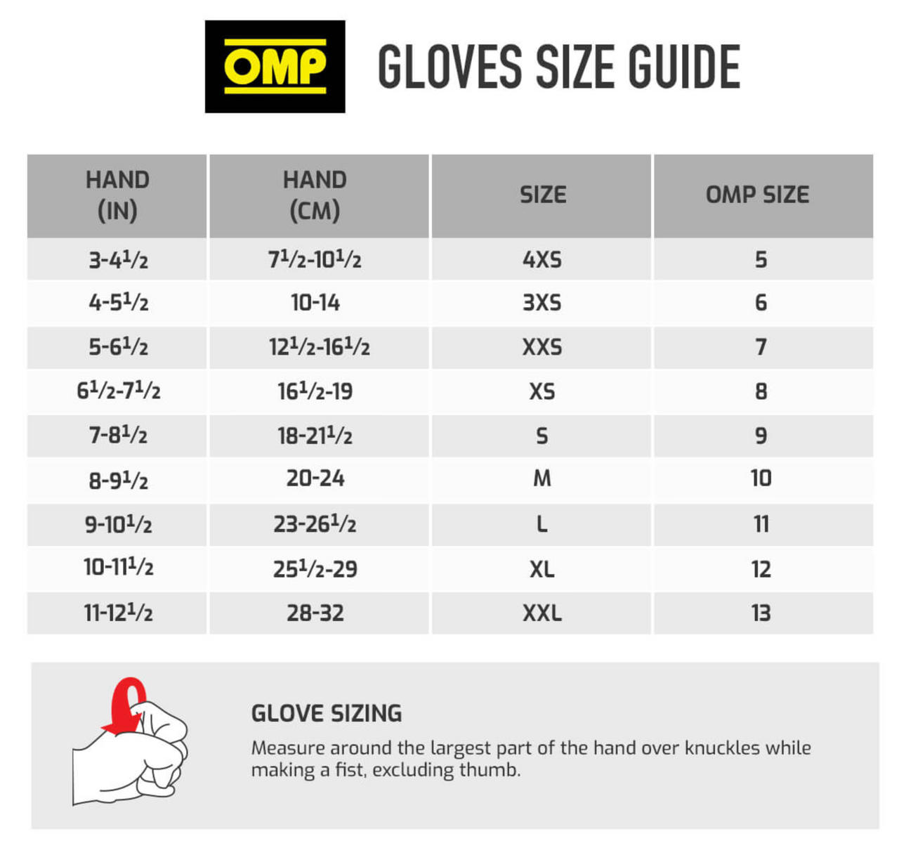 OMP ONE-S Nomex Gloves Size Chart Image