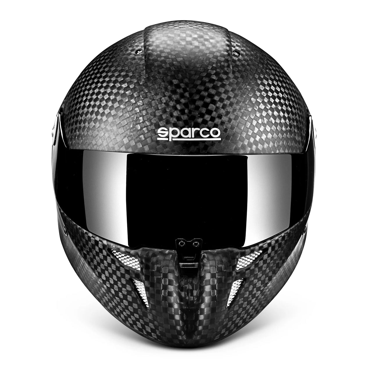 Sparco Prime RF-10 8860 Supercarbon Helmet - Front View Image" Get a close look at the front view of the Sparco Prime RF-10 8860 Supercarbon Carbon Fiber Helmet in this image, showcasing its cutting-edge design.